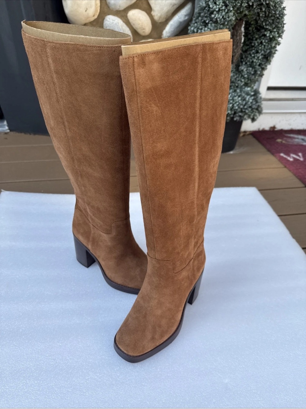 Vince Camuto Women's Gibi Stacked Heel Boots Burnt Sugar New